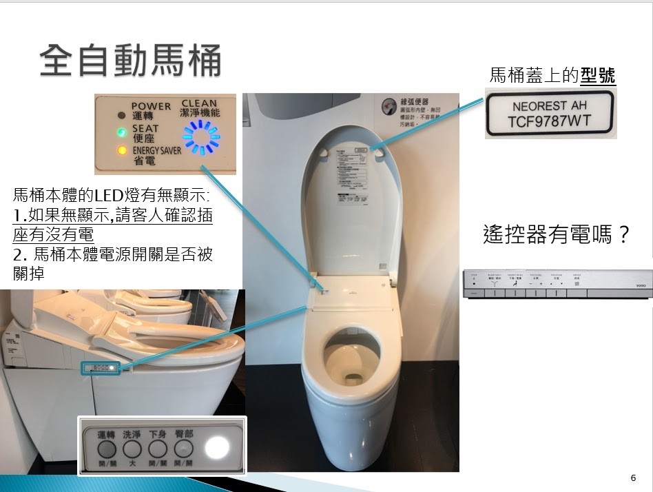 全自動馬桶型號、電源、遙控器與顯示燈檢查說明